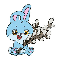 Cute cartoon bunny with willow twigs in paws color variation on a white background