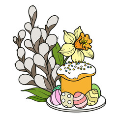 Easter cake and eggs decorated willow twigs color variation isolated on white background