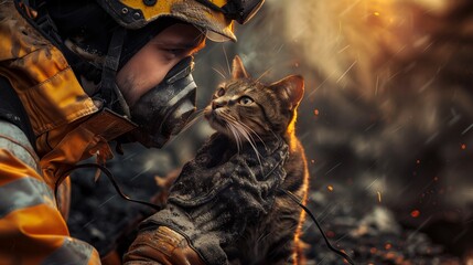 A firefighter is cradling a terrestrial animal with fur in their arms