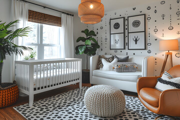 A nursery with stylish geometric patterns and monochrome interior design.