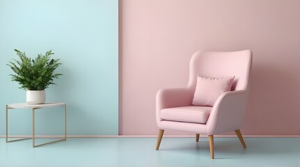 Living room interior with pink sofa and potted plants, white wall mock up background, 3D render