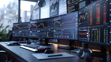 Modern Desk Setup With Three Monitors and Keyboard