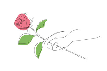 A hand holding a rose in line art style. Happy Mother's Day, Happy Women's Day