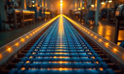 A conveyor belt in a brightly lit factory creating a symmetrical thoroughfare of light. The technology illuminates the cityscape like a glowing road at a vibrant event - obrazy, fototapety, plakaty
