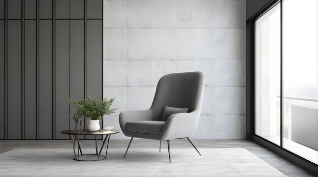 Modern minimalistic interior with an armchair. Scandinavian style. Modern interior room 3D render.
