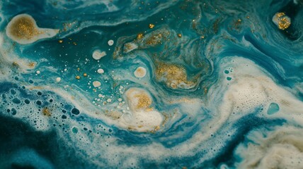 Fototapeta na wymiar Abstract Blue and Gold Marble Texture with Swirls and Bubbles for Artistic Backgrounds and Designs