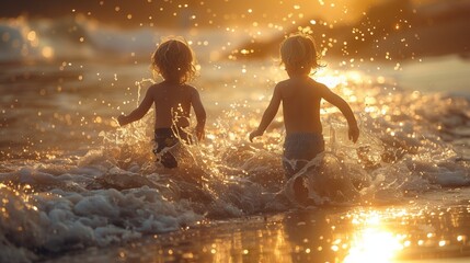 Kids playing happily in the water at sunset, smiling and having fun - Powered by Adobe