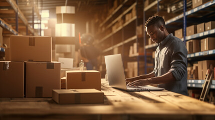 Man working on a laptop in a warehouse environment, with shelves stocked with boxes in the background