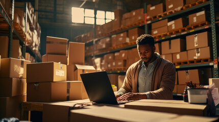 Man working on a laptop in a warehouse environment, with shelves stocked with boxes in the background