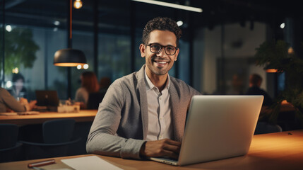 Smiling man working on a laptop in his office