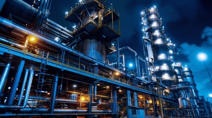 Fototapeta premium Night View of Illuminated Oil Refinery