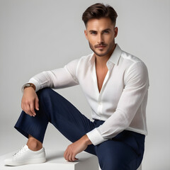 male model in a white linen shirt, blue classic linen pants and shoes on the isolated background