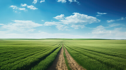 Fototapeta na wymiar Serene rural landscape with a vibrant green wheat field under a clear blue sky with fluffy white clouds