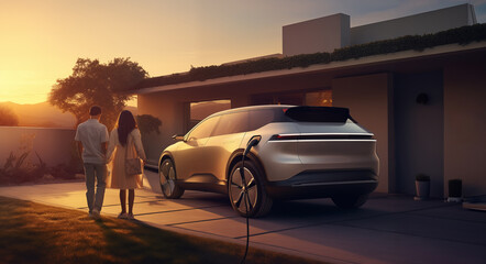 Man and woman are standing near the electric car and holding hands.