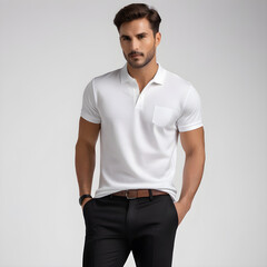 male model clad in a pristine white cotton polo t-shirt, black linen pants on the isolated background 