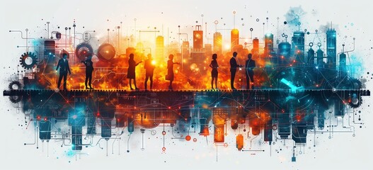 An art piece featuring a city skyline with a crowd of people in front of it. The skyscrapers, buildings, and water create a beautiful human settlement backdrop for the event - obrazy, fototapety, plakaty