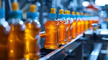 Bottles of Oil on Conveyor Belt