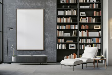 Fototapeta na wymiar poster mockup, white frame. In a modern interior with a bookshelf and an armchair