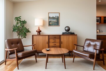 Mid-Century Brown Leather Chairs & Wooden Cabinet in a Functional Home