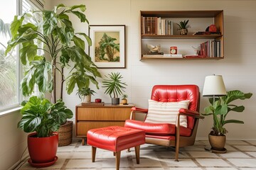 Retro Red and White Mid-Century Home: Leather Armchair & Green Plants