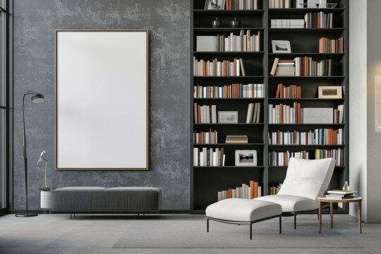 poster mockup, white frame. In a modern interior with a bookshelf and an armchair