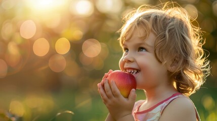 Little Girl Eating Apple in Field