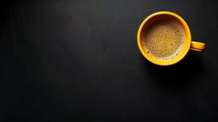 a cup of coffee on a black background with copy space