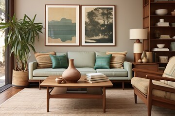 Earth-Toned Textiles and Mid-Century Vibes: Wooden Coffee Table Living Room