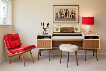 Retro Red and White Vinyl Seat: Mid-Century Living with Vintage Console Tables