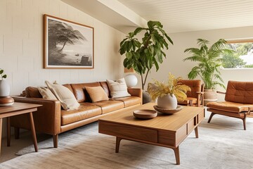 Mid-Century Living Room: Natural Fiber Rugs, Textiles, Brown Leather Sofas & Wooden Coffee Table