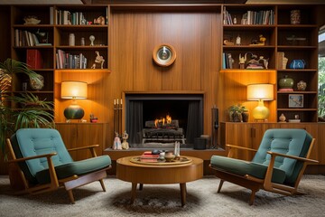 Mid-Century Lounge: Vinyl Seats, Wooden Shelving, Cozy Fireplace Vibes