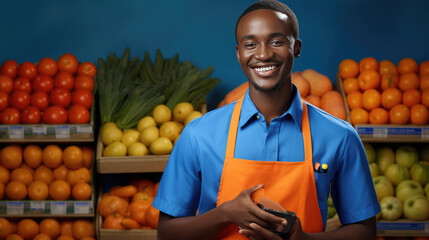 Cheerful supermarket employee in an apron is smiling while standing in front of a display of fresh fruits.