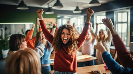 Group of professionals in an office setting, celebrating a success with raised arms and joyful expressions, indicating a sense of teamwork and achievement.