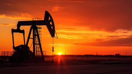 Silhouettes of pumping stations and an oil well pumping beam create a visually arresting display against the backdrop of the setting sun.