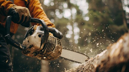 Lumberjack Operating Chainsaw to Cut Tree - obrazy, fototapety, plakaty