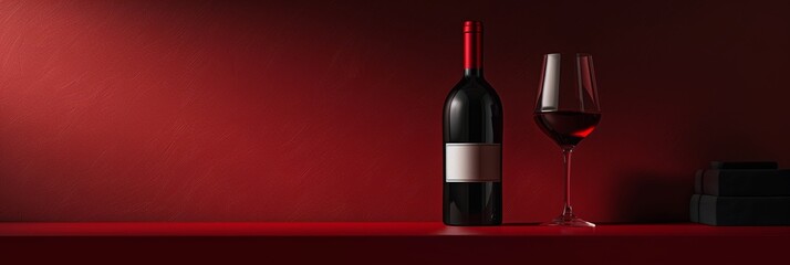 Red Wine Bottle Mockup with Glass, Wineglass, Red Drink with Copy Space, Dry Red Wine - obrazy, fototapety, plakaty