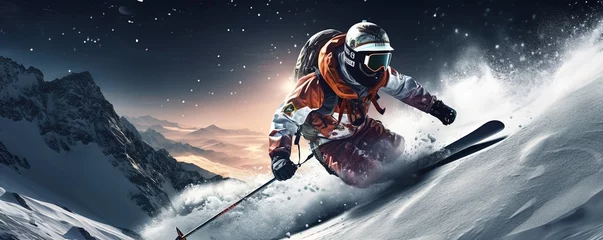 Fotobehang Astronaut downhill skiing on the moon. NASA extreme sports. Space planet winter sports are out of this world © Svitlana