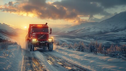 A red vehicle with automotive tires is driving on an asphalt road covered in snow under a cloudy sky