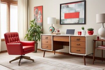 Mid-Century Office: Retro Red and White Scheme with Leather Armchair and Wooden Desk Design