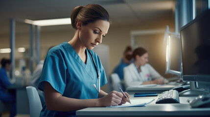 Obraz premium Healthcare worker in blue scrubs writing on a medical chart, indicating a busy hospital or clinic setting.