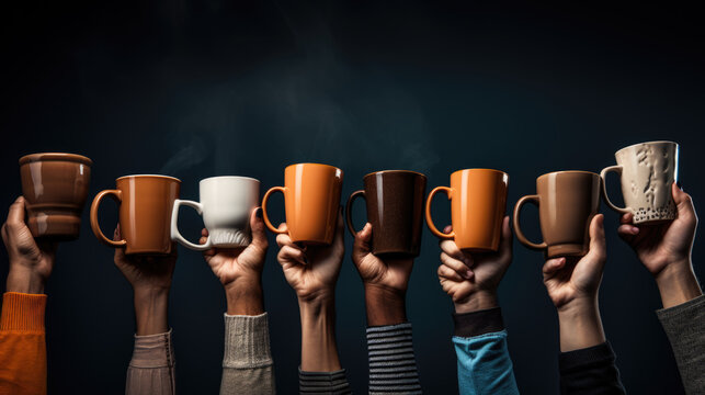 Multiple hands of diverse skin tones are raised, each holding a different colored mug against a dark background.