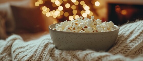 Eine Schüssel Popcorn auf dem Sofa bei einem gemütlichen Filmabend 