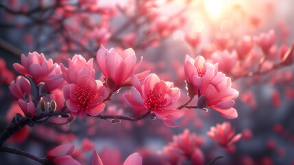 Beautiful Pink Flowers on a Branch, Generative AI.