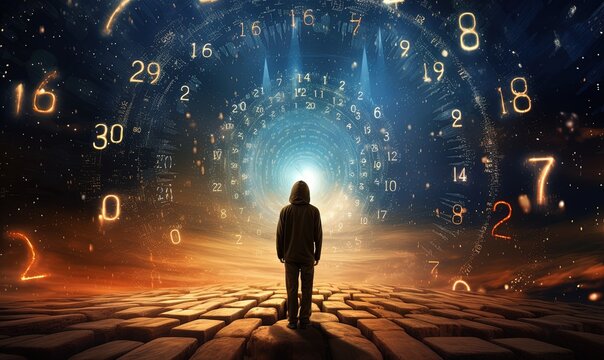 collage photo image of time traveler person in astral world with full numbers numerology concept - Powered by Adobe