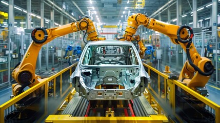 Robotic Assembly Line at Work on Car