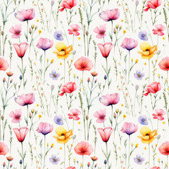 Watercolor Wild Flowers Seamless Pattern, Aquarelle Wildflowers Background, Watercolor Botanical Tile