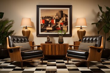 Mid-Century Checkerboard Elegance: Leather Armchairs and Abstract Art in Classic Room Design