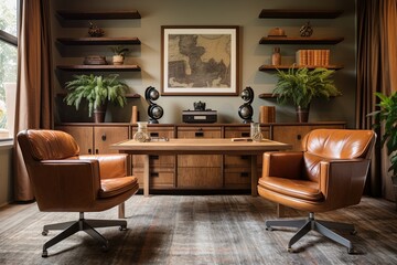 Reclaimed Wood Desks and Leather Armchairs in Mid-century Style Room
