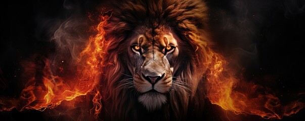 Lion king in fire, Portrait on black background, Wildlife animal.