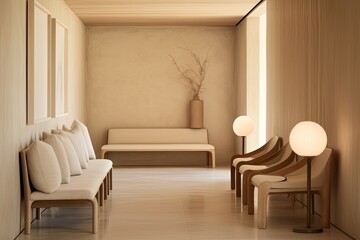 Fototapeta premium Wooden and Clay Minimalist Hallway: Chic Light Fixtures with Comfortable Seating